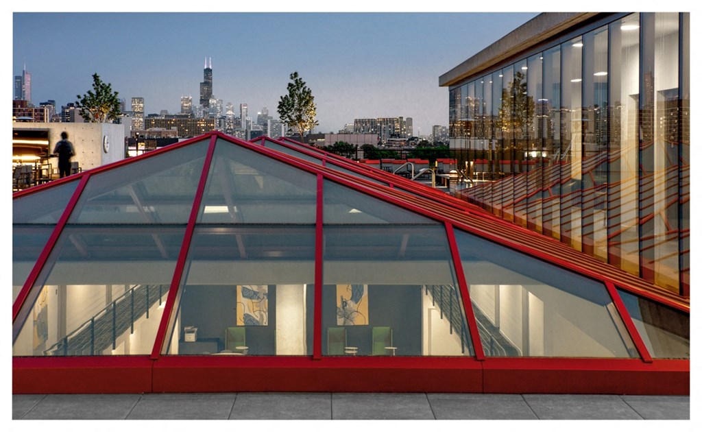 the view of the city from the top of a building