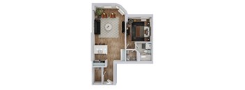 A floor plan of a small apartment with a kitchen, living room, and bathroom.