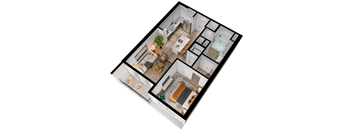 A 3D floor plan of a house with a kitchen, living room, and two bedrooms.