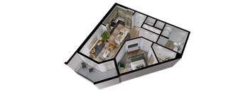 A 3D floor plan of a house with multiple rooms.