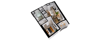 A top-down view of a house layout with a kitchen, living room, and bathroom.