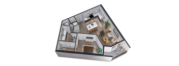 A 3D floor plan of a house with a kitchen, living room, and bedrooms.