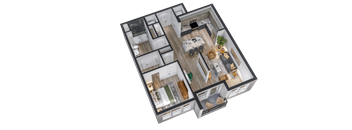A 3D floor plan of a house with a kitchen, living room, and two bedrooms.