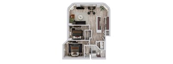 A top-down view of a house layout with a living room, kitchen, and bedrooms.