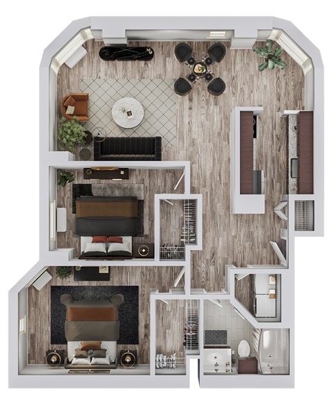 A top-down view of a house layout with a living room, kitchen, and bedrooms.