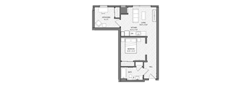 A floor plan of an apartment with an office, living room, kitchen, bedroom, and bathroom.