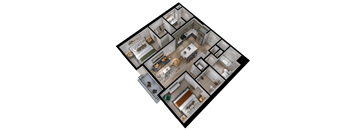 A 3D floor plan of a house with multiple rooms.
