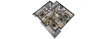 A 3D floor plan of a house with a kitchen, living room, and two bedrooms.