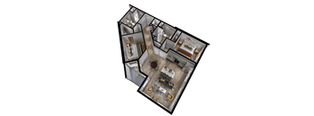 A 3D floor plan of a house with a living room, kitchen, and dining area.