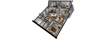 A 3D floor plan of a house with a living room, kitchen, dining room, and bedrooms.