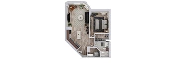 A top-down view of a small apartment layout with a kitchen, living room, and bathroom.