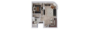A top-down view of a small apartment layout with a kitchen, living room, and bathroom.