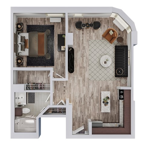 A top-down view of a small apartment layout with a kitchen, living room, and bathroom.