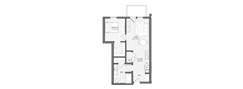 A floor plan of a house with a bedroom, living room, kitchen, bathroom, and hall.