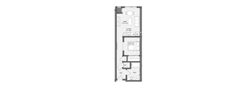 A floor plan of a house with a kitchen, living room, bedroom, and bathroom.