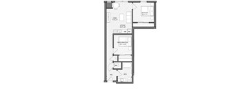 A floor plan of a small apartment with a living room, kitchen, bathroom, and bedroom.