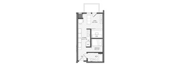 A floor plan of a small apartment with a living room, kitchen, bathroom, and bedroom.