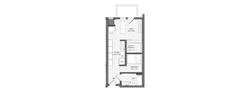 A floor plan of a small apartment with a living room, kitchen, bathroom, and bedroom.