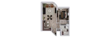A top down view of a small apartment with a kitchen, living room, and bedroom.