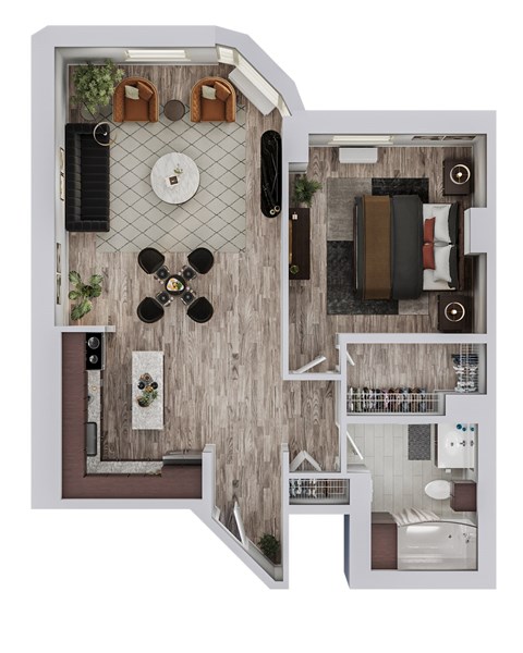 A top down view of a small apartment with a kitchen, living room, and bedroom.