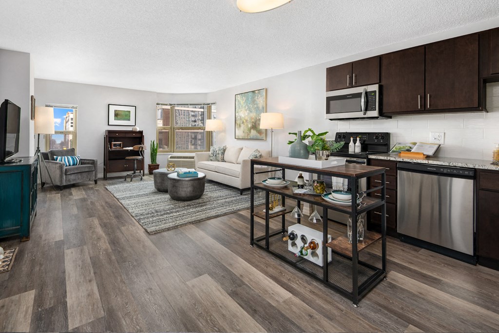 our apartments offer a spacious living room and kitchen with stainless steel appliances