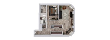 A top down view of a small apartment with a kitchen, living room, and bathroom.
