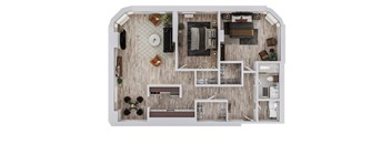 A top-down view of a house layout with a kitchen, living room, and bedrooms.