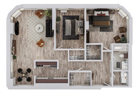 A top-down view of a house layout with a kitchen, living room, and bedrooms.