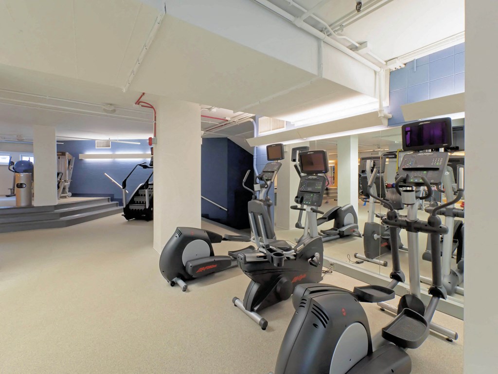 a gym with a lot of exercise equipment in it