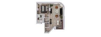 A top-down view of a house layout with a living room, kitchen, and bathroom.