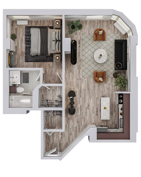 A top-down view of a house layout with a living room, kitchen, and bathroom.