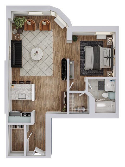 A floor plan of a small apartment with a kitchen, living room, and bathroom.