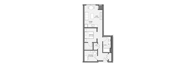 A floor plan of a house with a living room, kitchen, and bathroom.