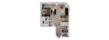 A top down view of a small apartment with a kitchen, living room, and bedroom.