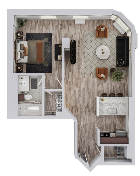 A top down view of a small apartment with a kitchen, living room, and bedroom.