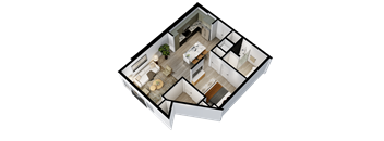 A 3D floor plan of a house with a kitchen, living room, and two bedrooms.