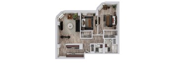 A top-down view of a small apartment layout with a kitchen, living room, and bathroom.