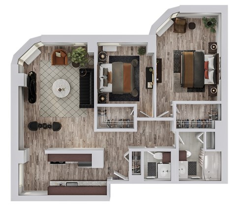 A top-down view of a small apartment layout with a kitchen, living room, and bathroom.