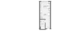 A floor plan of a room with a living area, kitchen, bathroom, and bed.