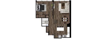 A floor plan of a house with a kitchen, living room, and two bedrooms.