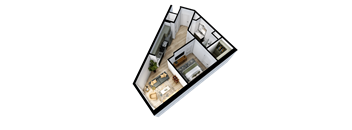A top-down view of a house layout with a living room, kitchen, and two bedrooms.