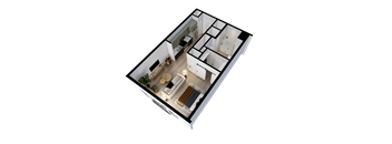 A 3D floor plan of a house with a kitchen, living room, and two bedrooms.
