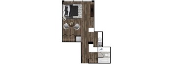 A floor plan of a room with a sofa, chairs, and a table.