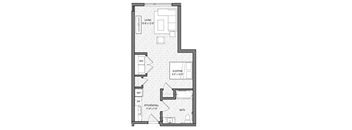 A floor plan of a house with a living room, a sleeping area, a kitchen, a bathroom, and a reference room.