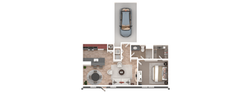 A top-down view of a house layout with a car parked outside.