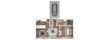 A top-down view of a house layout with a car parked in the driveway.