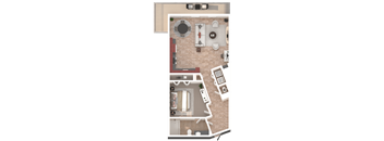 A top-down view of a house layout with a kitchen, living room, and bathroom.