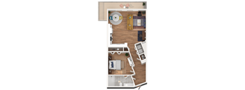 A top-down view of a house layout with a living room, dining area, kitchen, and two bedrooms.