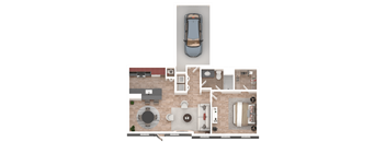 A car is parked in a garage attached to a house.