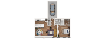 A top-down view of a living space with a car parked outside.